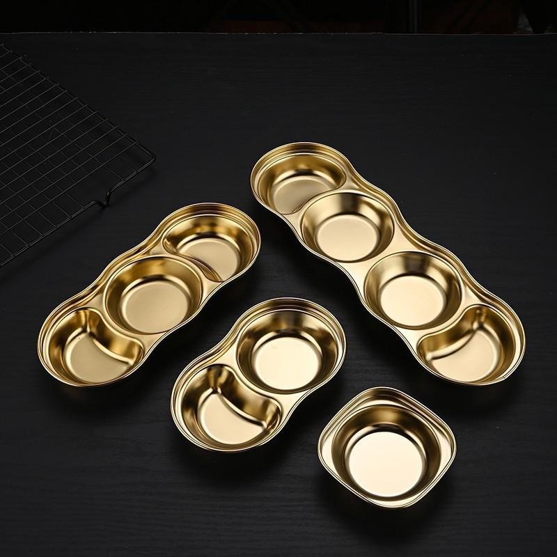 Korean Style 304 Stainless Steel Multi-compartment Sauce Dish for BBQ & Hot Pot, Golden Finish