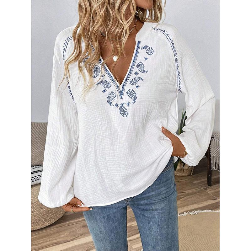 Women's Blouses Spring Fall New Style Fashion Design V-neck Embroidered Cotton Top Women Loose Casual Shirts Clothing