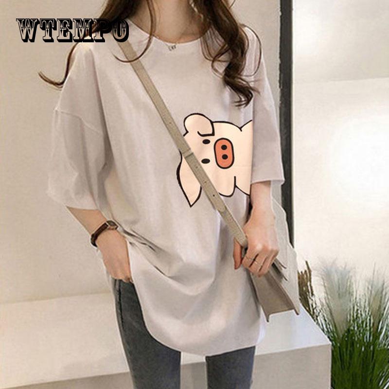 

WTEMPO Свободные повседневные женские футболки с короткими рукавами и принтом «Свинья и сердце» и вышивкой