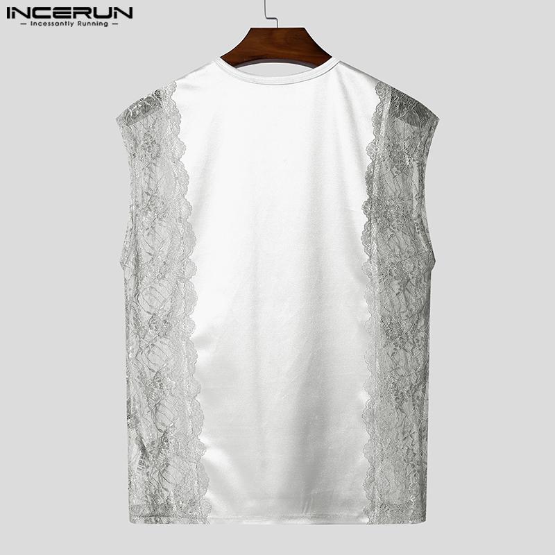 INCERUN Men V Neck Sleeveless Lace Hem Letter Patchwork Casual Tank Tops Undershirts
