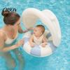Kids Swim Ring Baby with Detachable Canopy, Inflatable Striped Pool Float Seat Portable Handle, Sun Protection Swimming for Toddlers Floating