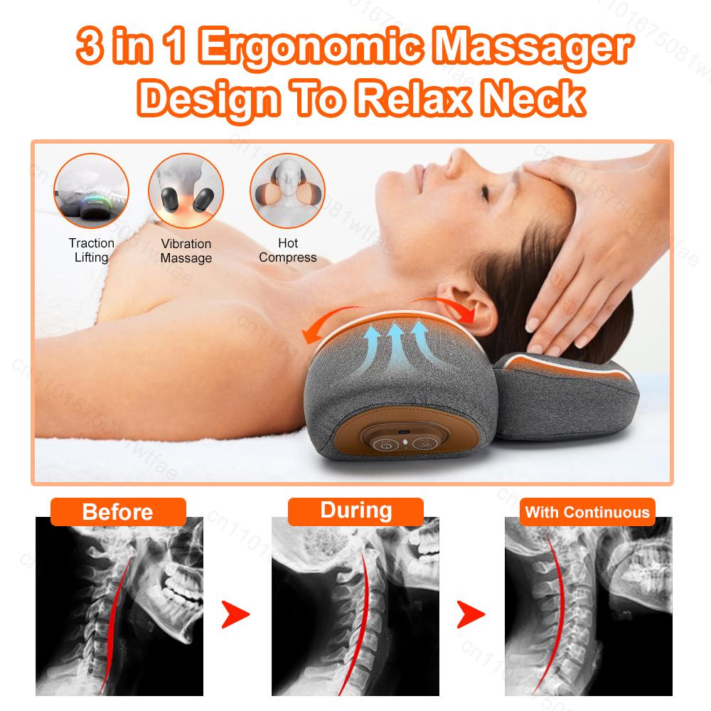 Neck Massager Pillow Cervical Orthopedic Pillow Lifting Traction Relax Hot Compress Vibration Massage Neck Pain Relief