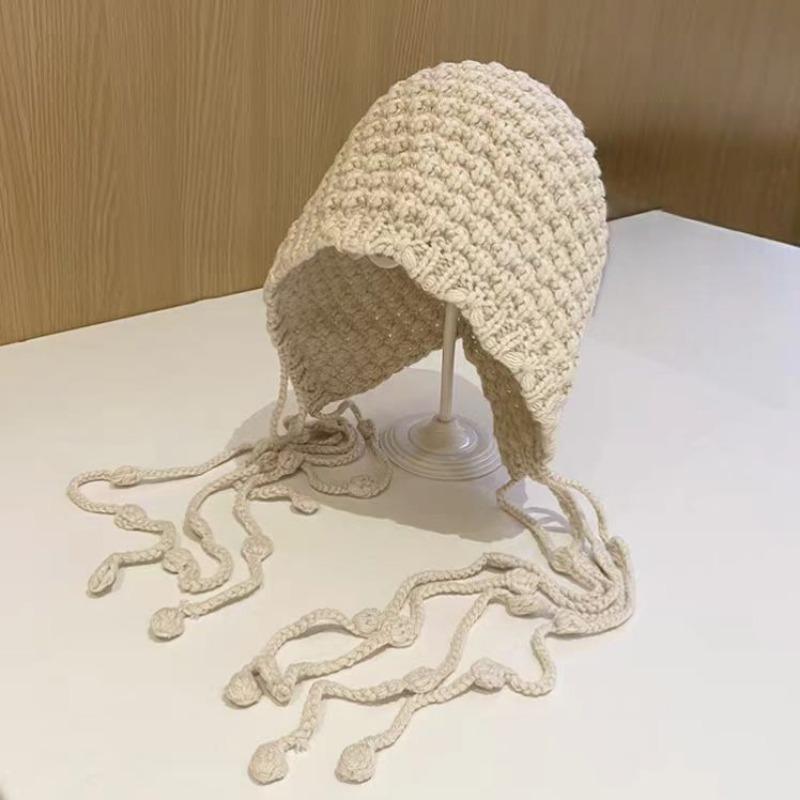 Autumn and winter new plush ear protection bag head hat women's warm versatile wool knitted hat mixed color drawstring