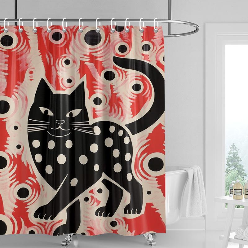 Pink Cat Shower Curtain, Black Spots & Multicolor Dots Design, Waterproof Bathroom Decor For Modern & Playful Homes