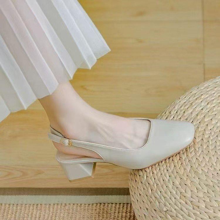 Baotou Back Empty Sandals Women's Summer Mid-heel Outer Wear 2025 New Korean Thick Heel Half-drag Single Shoes Women's High Heels