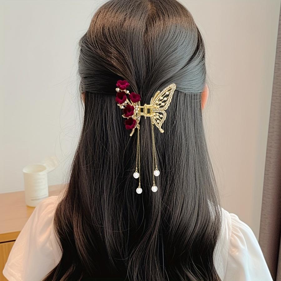 1pc Faux Pearl Tassel Hair Claw Clip Red Rose Jaw Clips Metal Shark Clips For Women Female Hair Styling Accessories