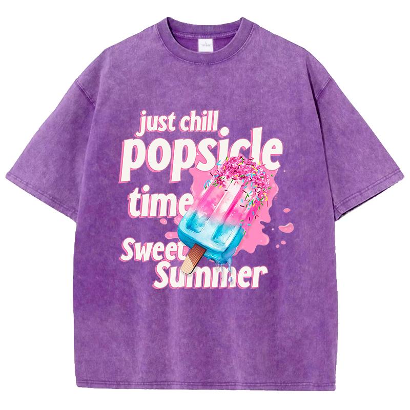 Just Chill Popsicle Time Sweet Summer Cotton Washed TShirt Women Oversize Tops Casual ONeck Distressed T Shirt Hip Hop Clothes