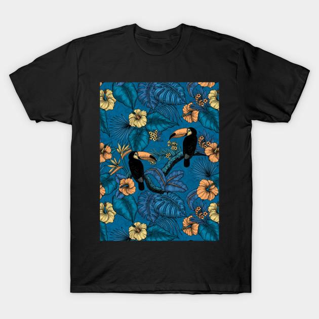 

Men Black Print T-shirt Toucan Garden In Blue No-Cut Transfer Paper Print Cotton Tshirt L