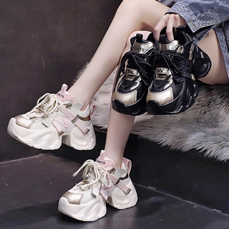 Dámské vycházkové tenisky podzimní šněrovací vysoká platforma robustní boty prodyšné kožené boty 10cm zimní boty na klínku pro volný čas