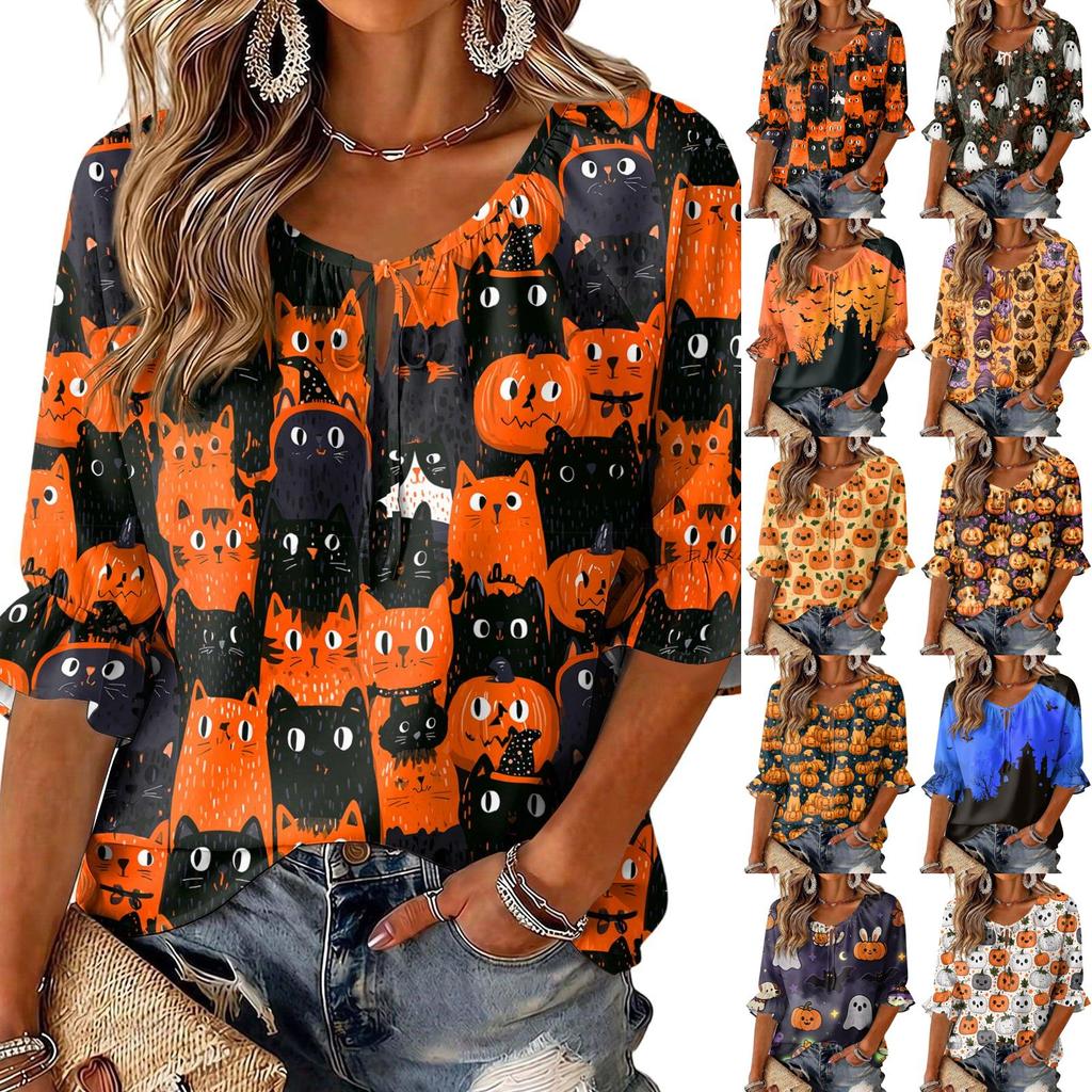 Women's Halloween Print Round Neck Tie Front Ruffle Three-Quarter Sleeve Blouse for Festive Party Wear