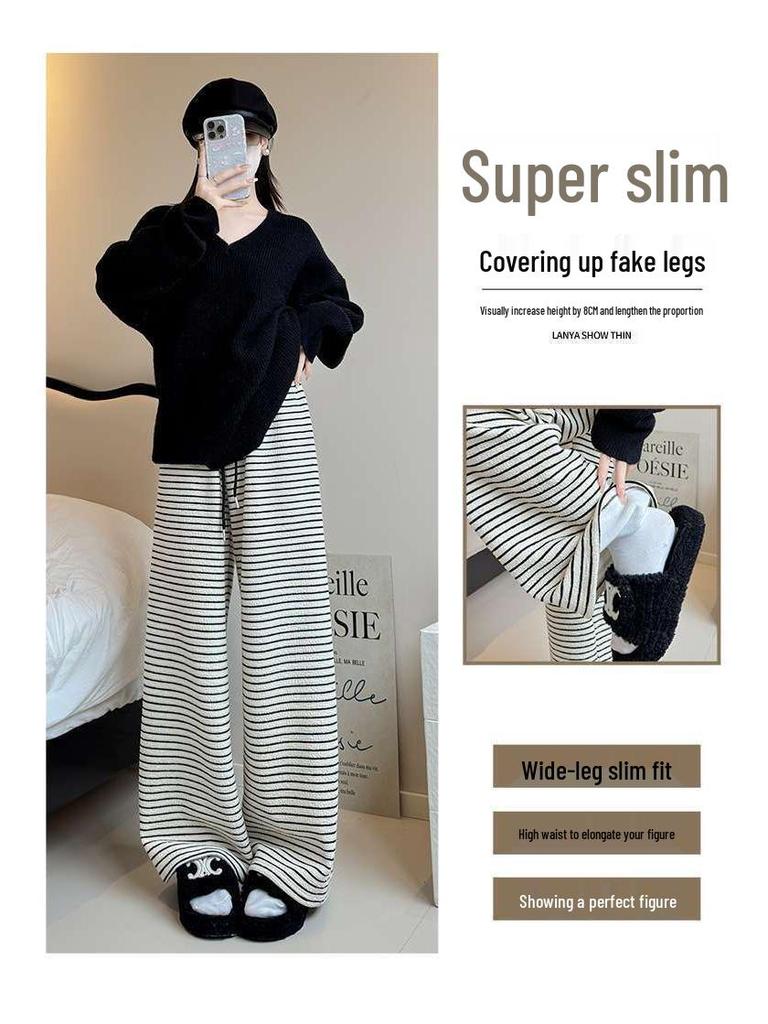 Women's Black & White Striped High-Waisted Fleece-Lined Wide-Leg Pants, Autumn/Winter, Slimming, Floor-Length.