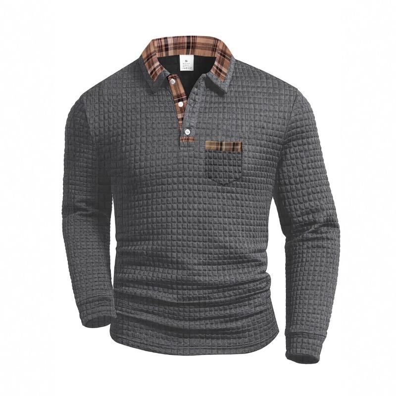 Men's Spring Autumn Solid Color Plaid Pocket Lapel Long Sleeve Sports Polo Shirt