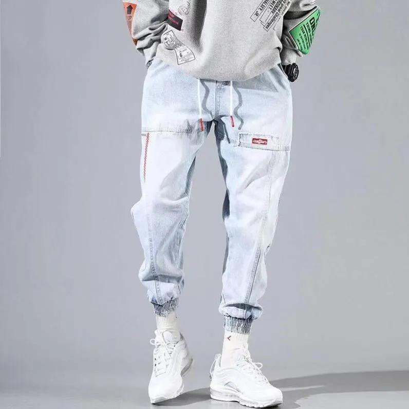 Men's Plus Size Trousers Korean Version of Workwear Jeans Trendy Light Hip-hop Style Loose Youth Harlan Lace-up Trousers