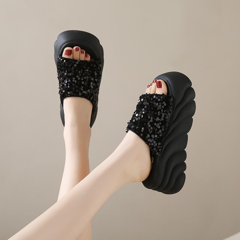 Platform Sandals Half Slippers Women's Summer Wear New Sequined Muffin Bottom Women's Word Cool Slippers