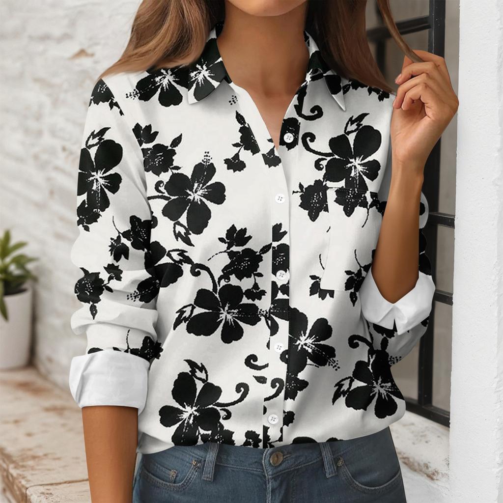 Women's Button Down Prints Shirt Long Sleeve Shirt Business Work Tops Casual With Pockets Jacket
