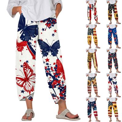 Pants For Women Summer Casual Wide Leg Elastic Waist Print Pants With Pockets