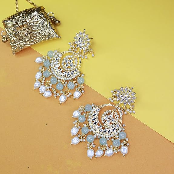 Orecchini Chandbali Tradizionali Fatti a Mano con Kundan e Perle per Donna