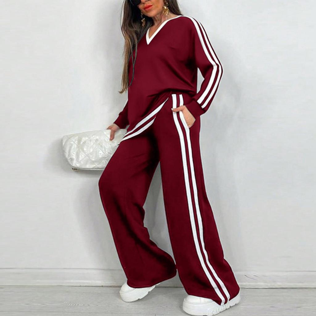 Women's Fashionable Casual V,neck Color Block Striped Long,Sleeved Top and Pants Set