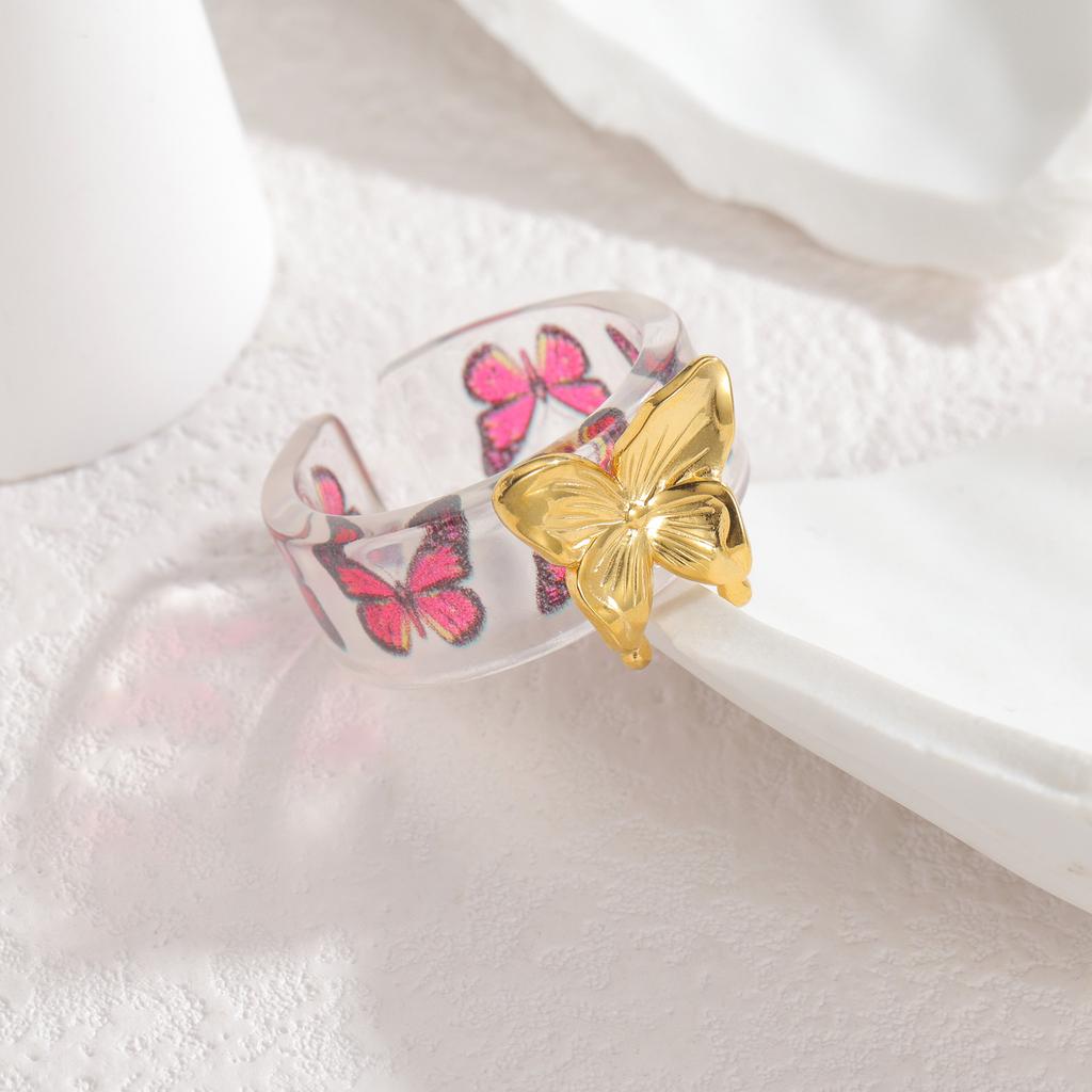 Stainless Steel Romantic Flower Butterfly Rings for Women  Coloful Adjustable Open Ring Daily Jewelry Gift Accessories