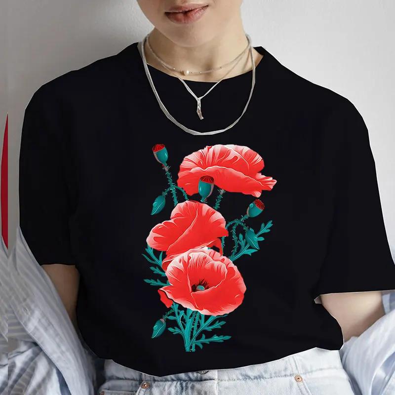 Fashion Red Poppy Flower Unisex T Shirt Funny Tops Tee Female Short Sleeve Tshirt Harajuku Tee Shirts Female Tee Girls Tshirts