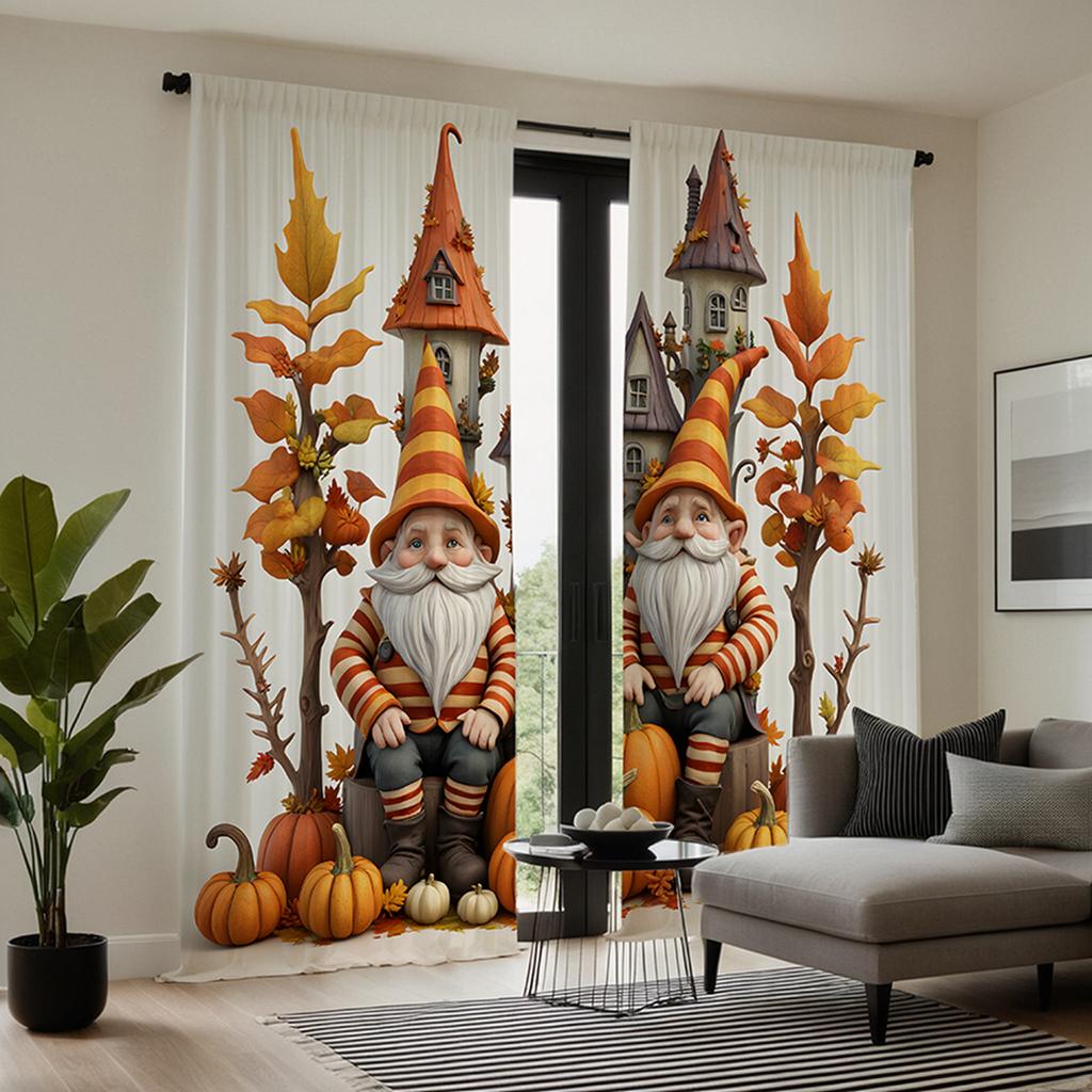 2 Stück HD Thanksgiving Amerikanisches Schloss Kürbis Ahornblatt alter Mann dekorativer Vorhang Gelbe Krawatte digital bedruckter Vorhang Zuhause de