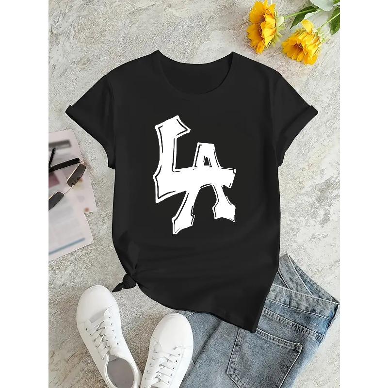European sizes Women's Casual Sports T-Shirt, Round Neck, Short Sleeve, Fun Creative Letter Print, Comfortable Summer Top, Knitted Fabric