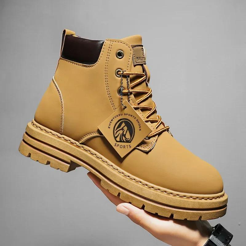 Men's Boots Size 48 Retro British Style High Top Workwear Boots Lace Up Thick Sole Warm Comfort Round Toe Outdoor Leather