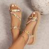 Fashion Floral Printing Flat Sandals for Women Summe Lightweight Slip On Beach Shoes Woman Braided Band Bohemian Sandalas Mujer