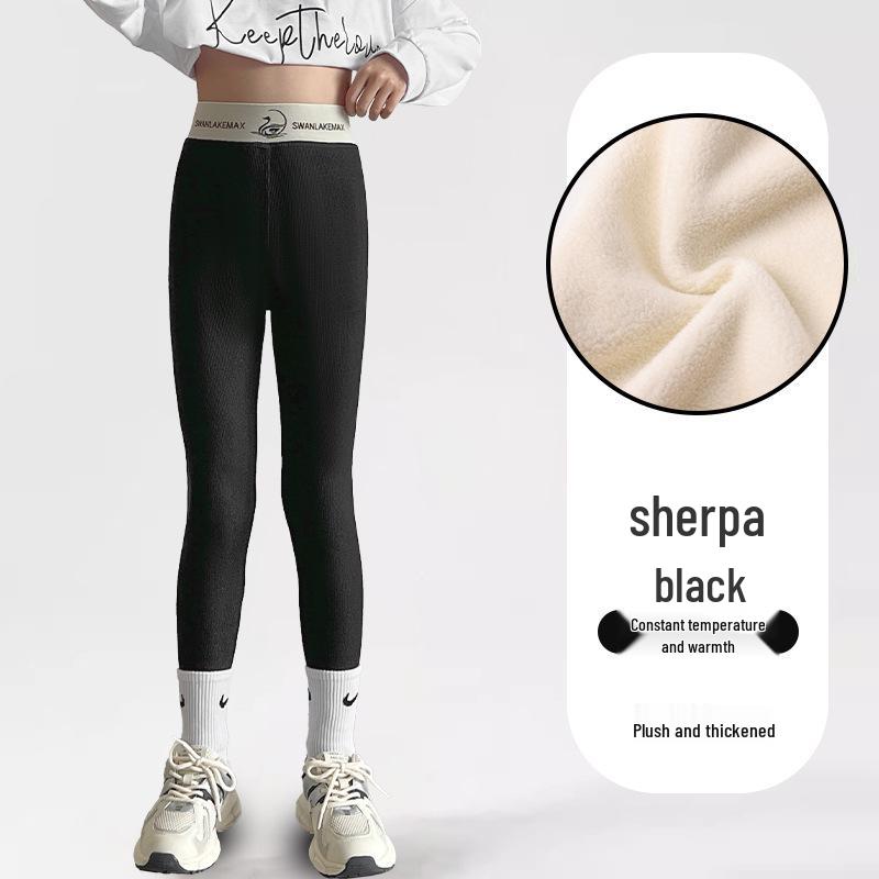 Kinder Gerippte Leggings mit Schwan-Bund - Herbst/Winter Warm, Samtgefüttert, Oberbekleidung aus Lammwolle