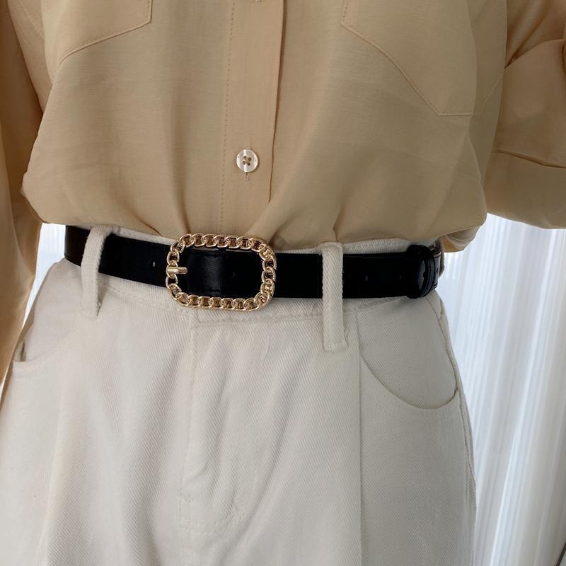 Chic Minimalist Ladies Pu Chain Rectangle Buckle Vintage Waist Belt For Dresses