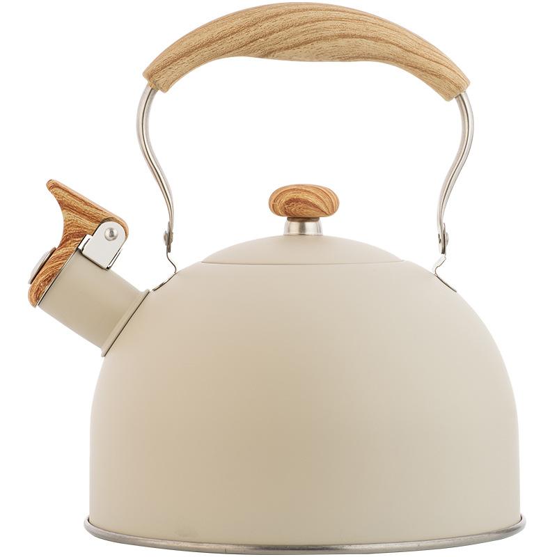 Whistle kettle to make coffee, brew milk, whistle kettle 2.5L beige ringing kettle wood grain handle 2.5L