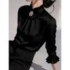 Women ruffled stand collar satin three quarter sleeve shirt multi color slim fit rhinestone pearl brooch office elegant blouse