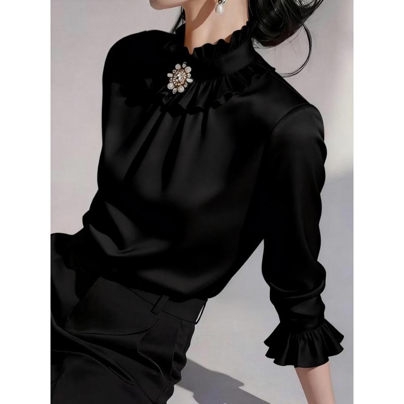 Women ruffled stand collar satin three quarter sleeve shirt multi color slim fit rhinestone pearl brooch office elegant blouse