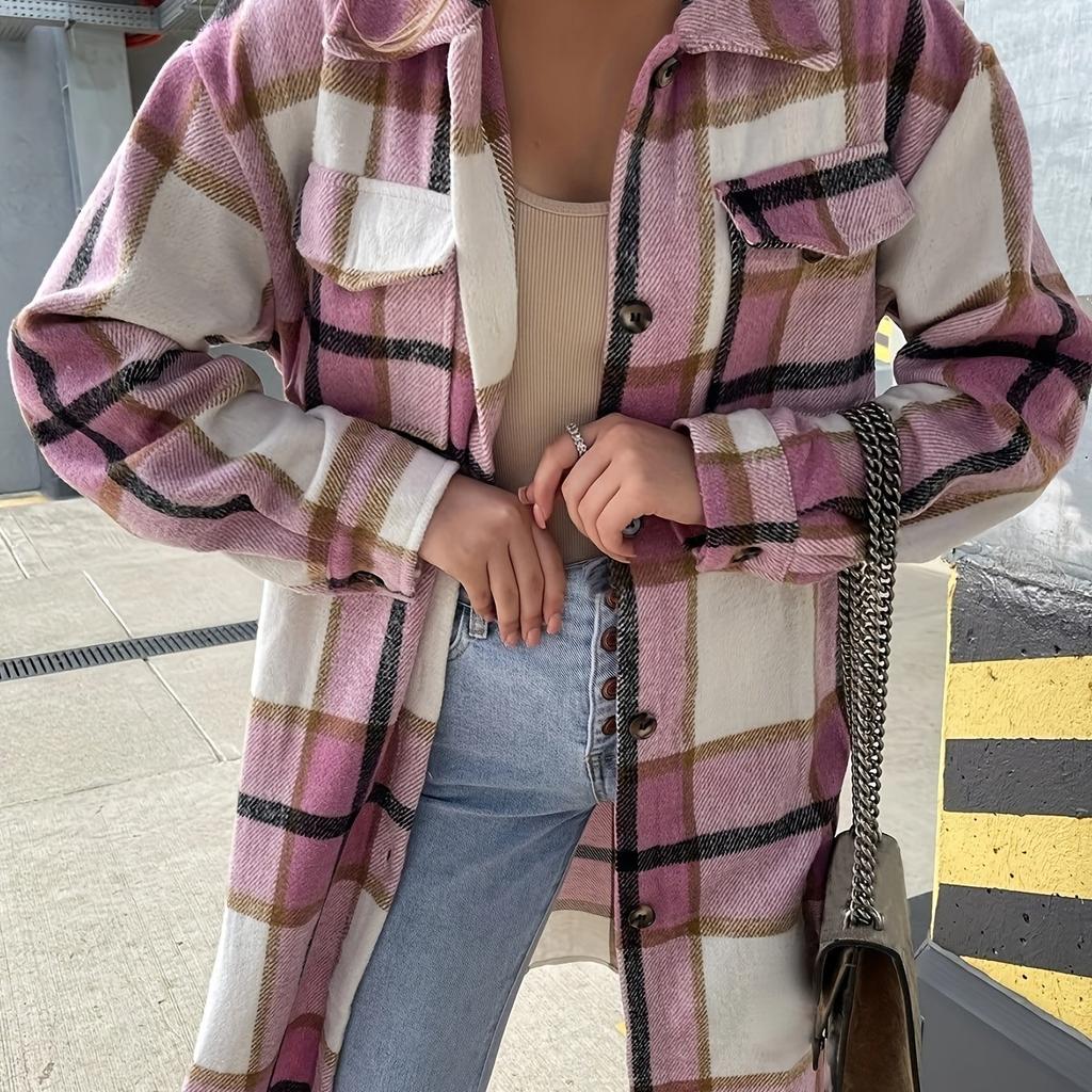 Winter New Cross-border Women's Clothing European And American Loose Casual All-match Mid-length Plaid Shirt Long-sleeved Jacket