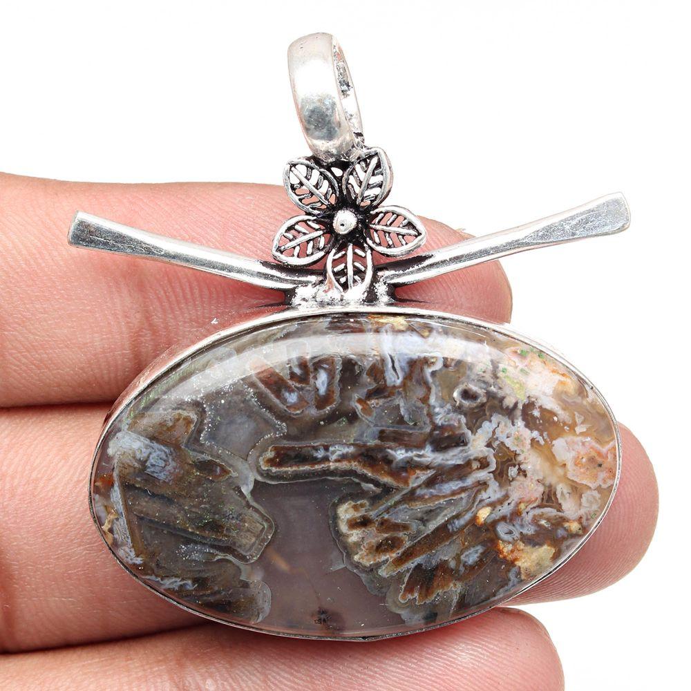 Necklace Stick Agate Gemstone Handmade Gift For Her Silver Jewelry 1.75"