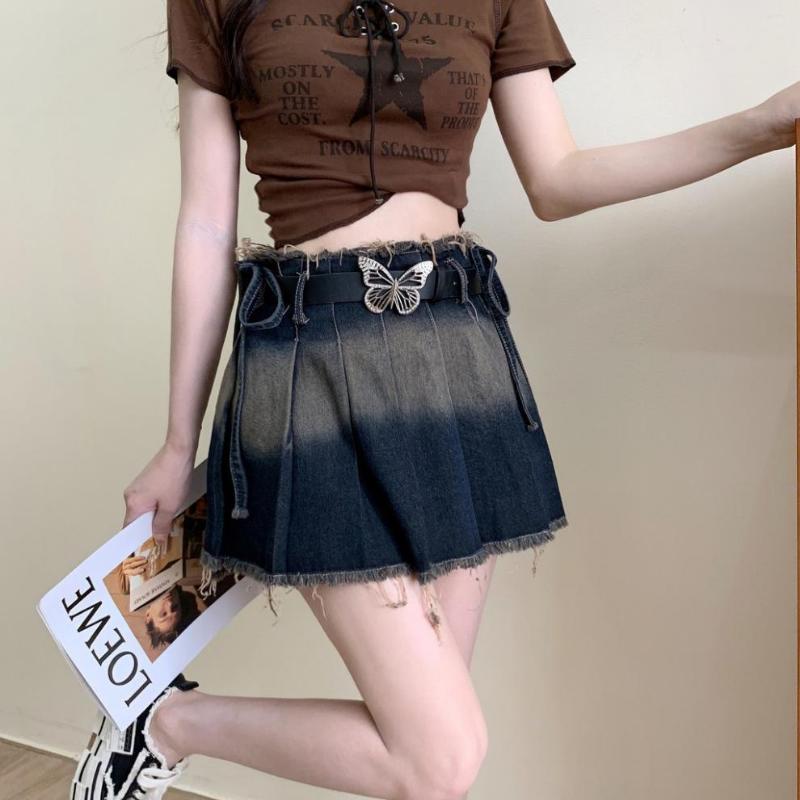 

Женская винтажная юбка-карго Джинсовая юбка Y2K Юбка с высокой талией Плиссированная юбка Джинсовая мини-юбка
