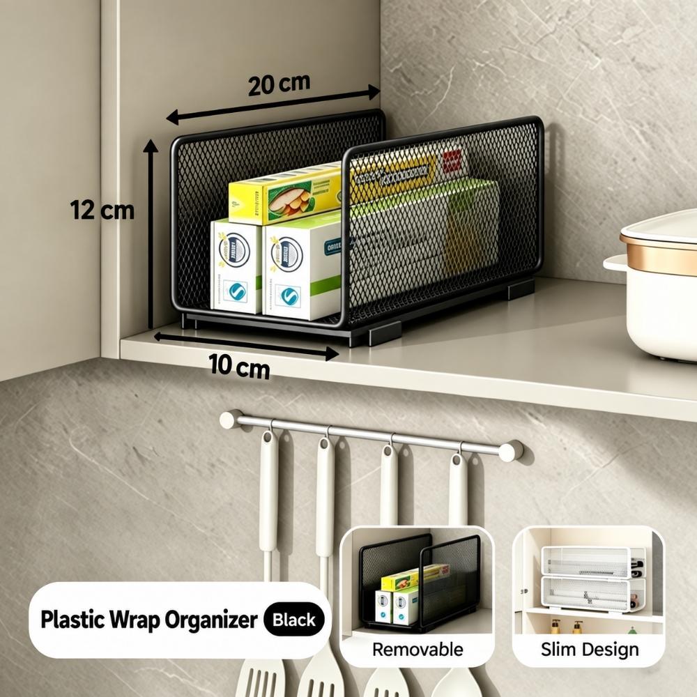 Stackable Kitchen Cabinet Organizer Rack, Iron Mesh Storage Shelf for Plastic Wrap, Paper Rolls and Boxed Supplies