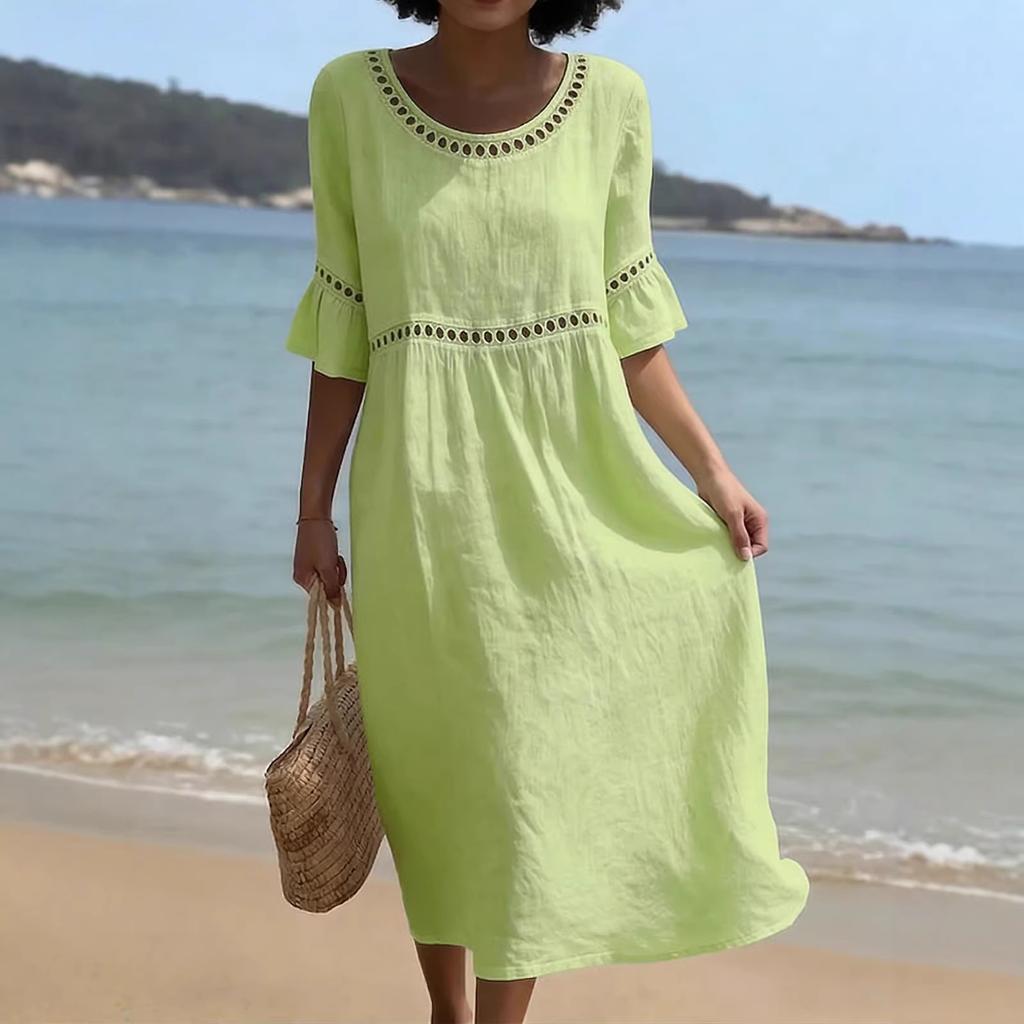 Women's Spring Summer Elegant Casual Dress, Round Neck Flared Half Sleeve Hollow Out Solid Color Long Midi Dress for Beach Vacation Daily Wear