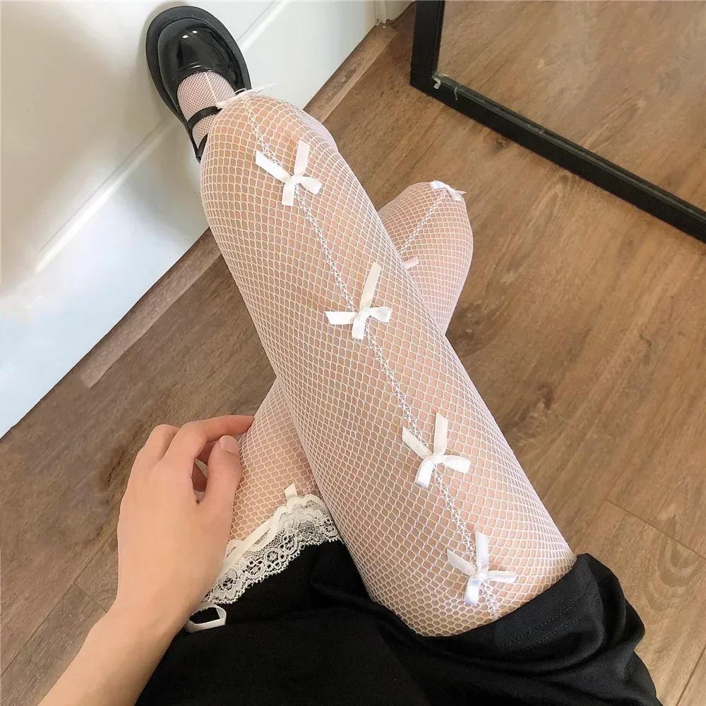 

Y2K Sexy White Hollow Out Transparent Slim Fishnet Pantyhoses Lace Bowknot Women Girls Tights Mesh Stockings Pantyhose Gifts One Size