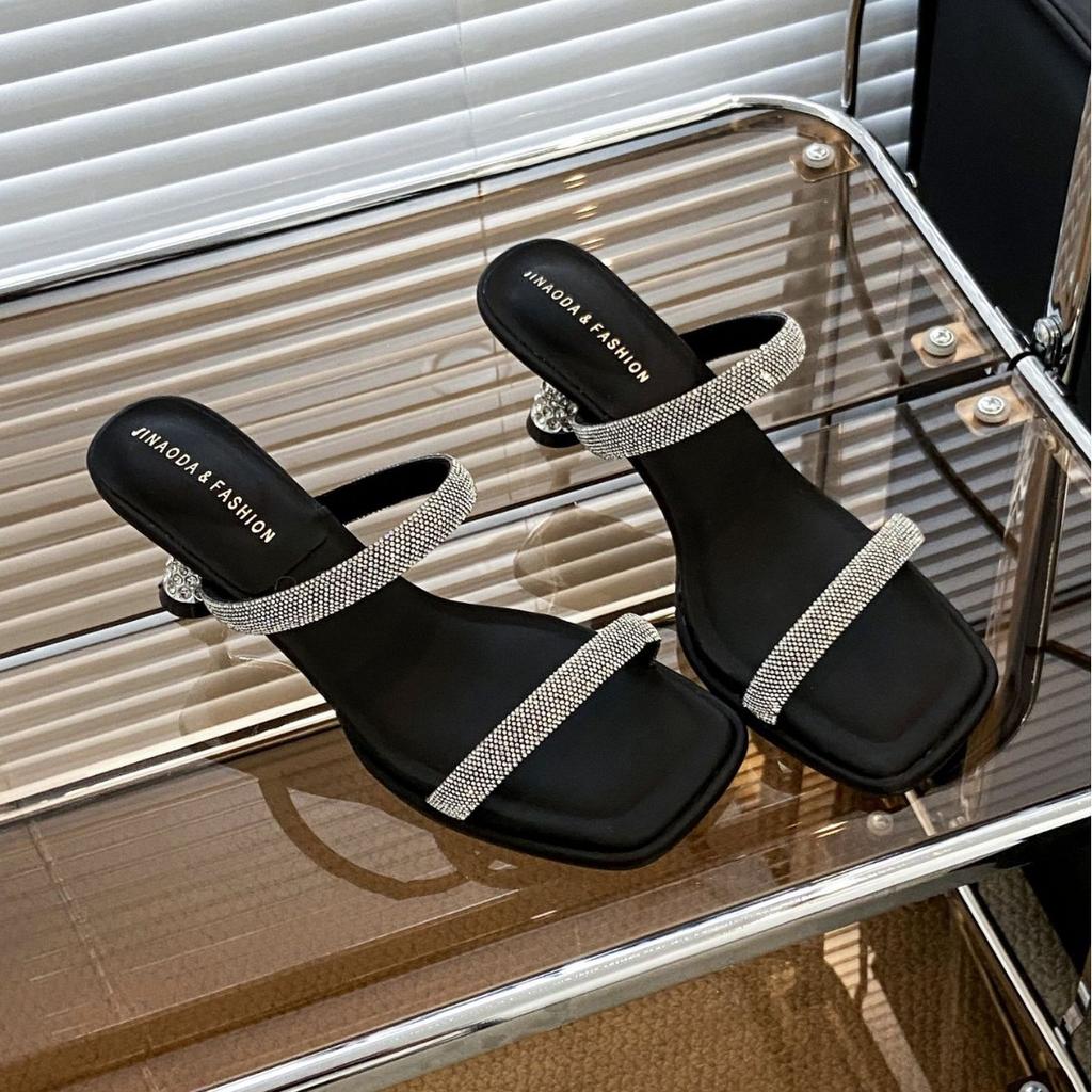 European Station High-heeled Metal Thin-heeled Cool Slippers 2025 New Summer Beautiful Fairy Rhinestone Square Head Slippers