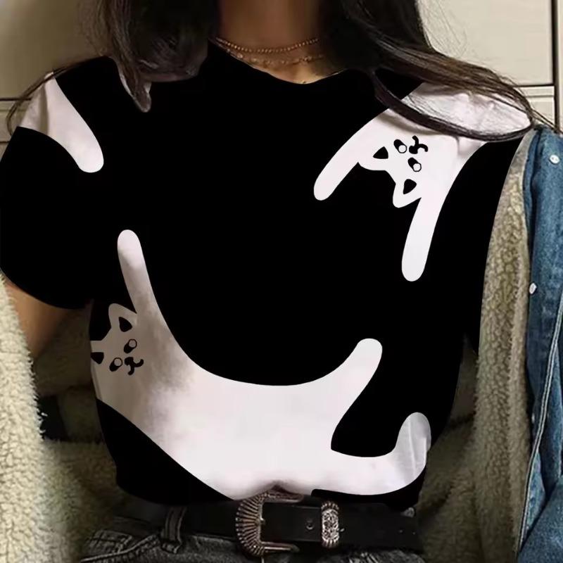 3D-tryckt söt djur-t-shirt för kvinnor roliga kattgrafiska t-shirts sommarmode överdimensionerade t-shirts kortärmade toppar med rund hals