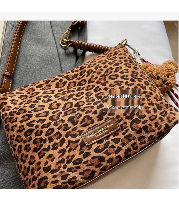 Women's Suede Leopard Print Large-Capacity Retro Crossbody Tote Bag