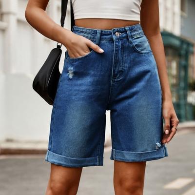 Summer Women Denim Shorts Mid Waisted Knee Length Stretchy Casual Wide Straight Leg Distressed Cuffed Jeans Short Pants with Pockets