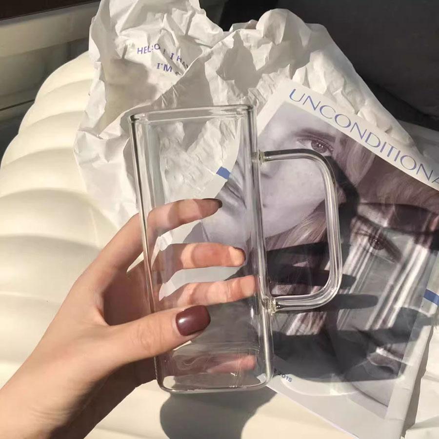 Square Heat Resistant Coffee Glass Cup With Lid and Straw Transparent Milk Tea Juice Cup Coffee Mug For Home Bar Drinkware