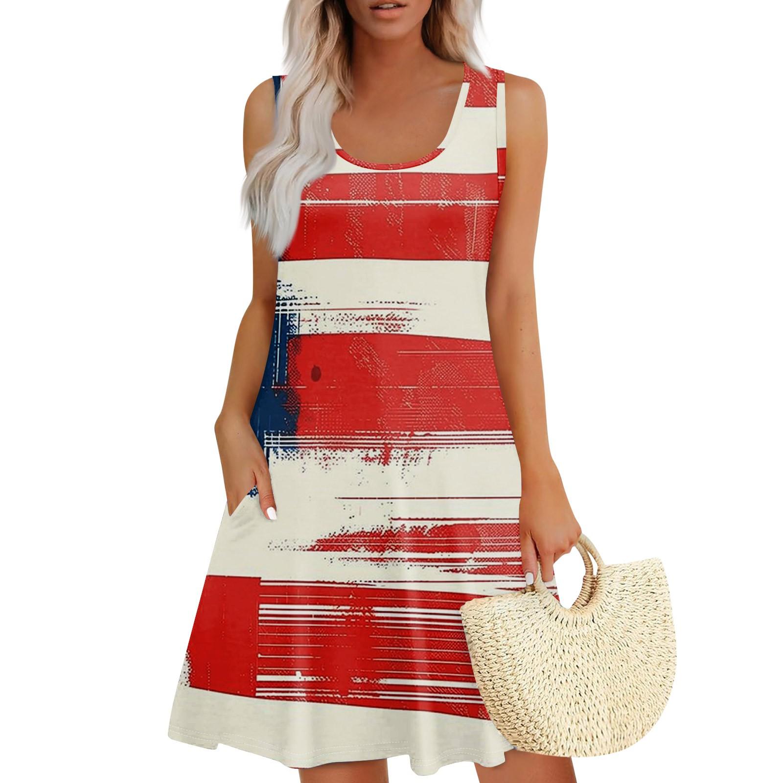 Women Summer Casual Sleeveless Square Neck Printed Dress with Pockets Gradient Pattern Loose Fit Comfortable Design M