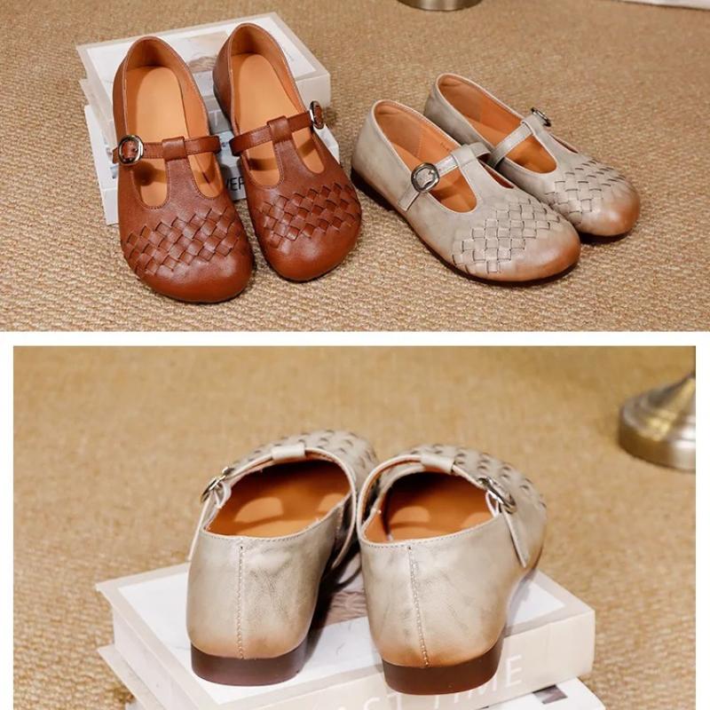 Johnature Pánské boty z pravé kůže, tkané, měkká podrážka, retro přezka, univerzální dámské baleríny