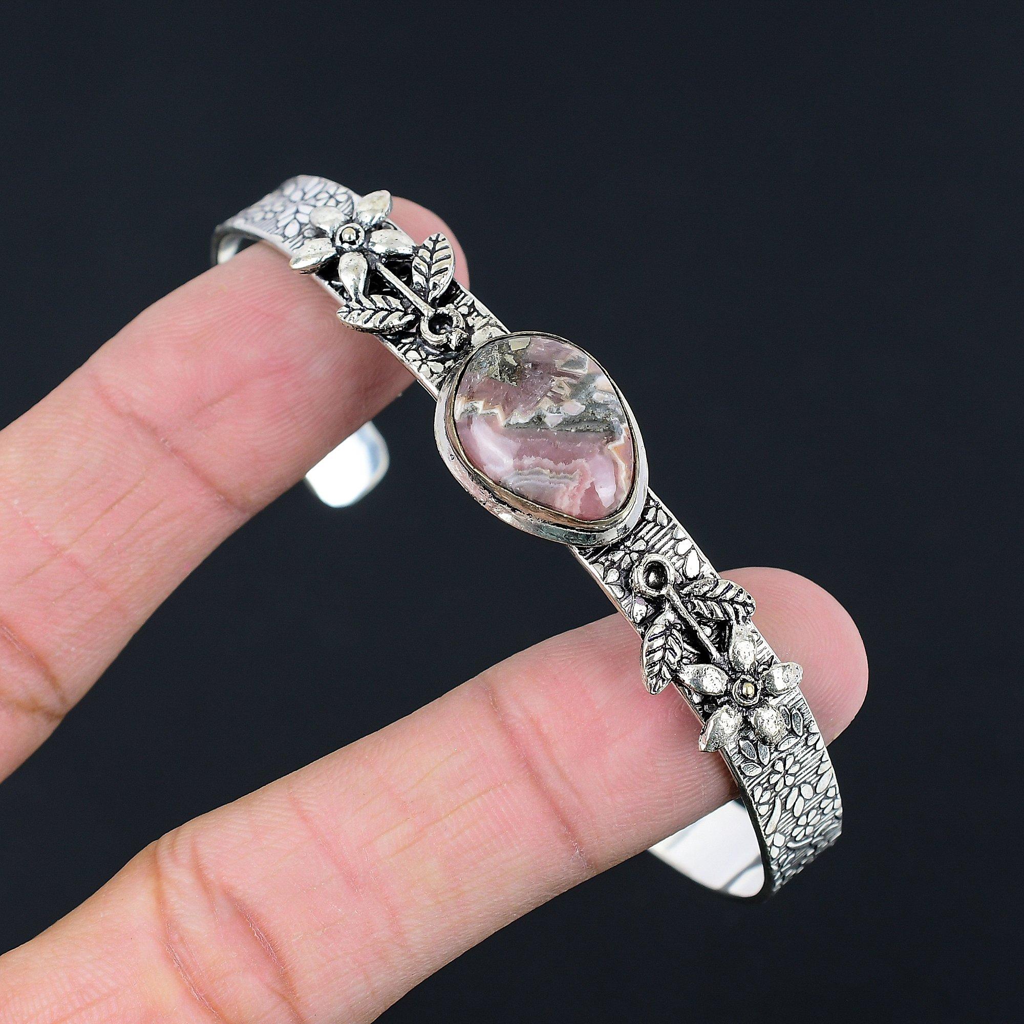 

Rhodochrosite Gemstone 925 Sterling Silver New Flower Daughter Bangle Bracelet Adjustable