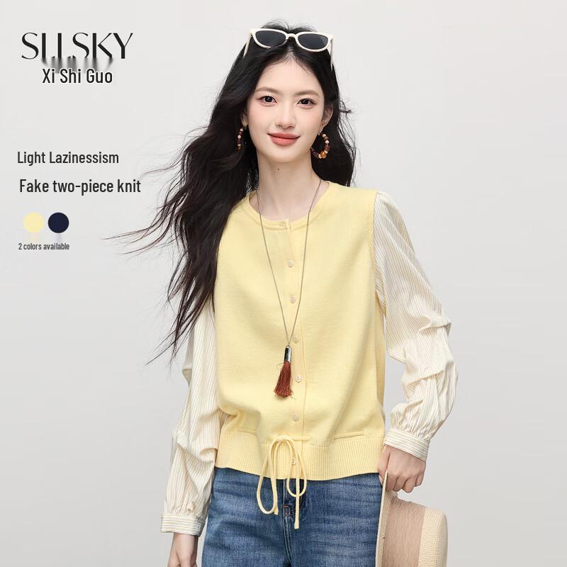 Sllsky Women s Faux Two-Piece Knitted Cardigan Top 2XL