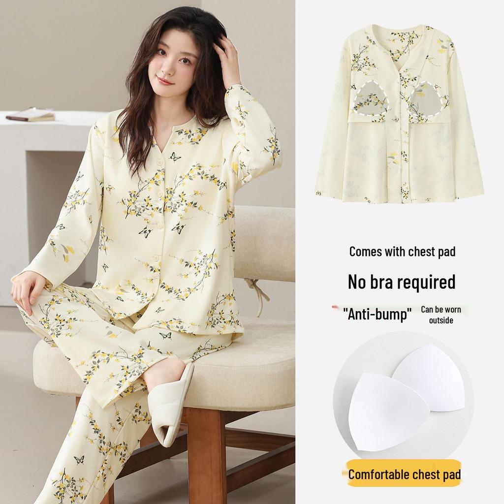 "Striped Korean-Style Cardigan Pajamas Set with Chest Pad for Women, Long-Sleeved, Spring/Autumn, Plus Size"