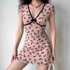 European and American style deep v-neck flocking bow dress women's butterfly slim waist short skirt temperament A-shaped skirt